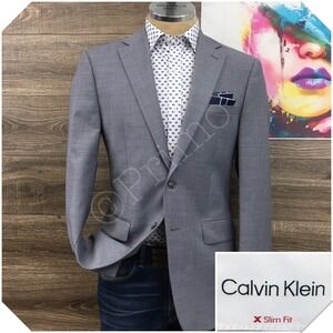 CALVIN KLEIN Mens Blazer Sport Coat Casual Jacket Size 40R Slim‎ Wool Gray Suit